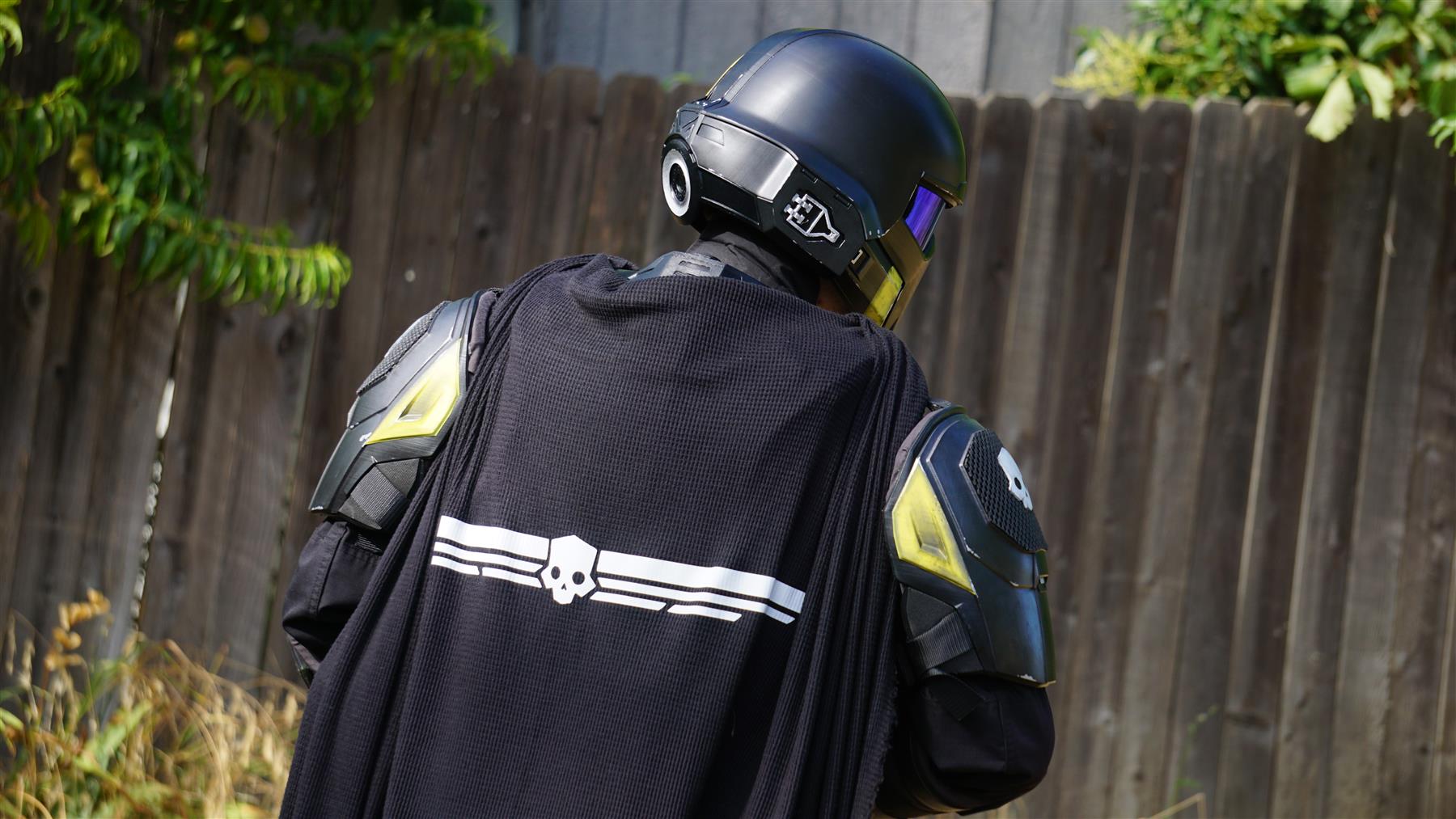 Rear three-quarter detail view of the Helldivers B-01 armor test fit.