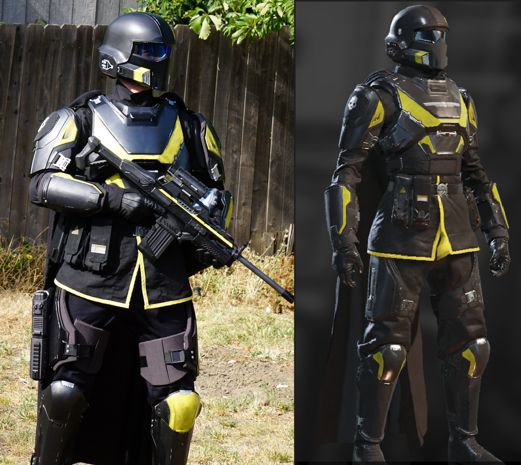 Comparison image between Helldivers game reference and the completed B-01 armor build.