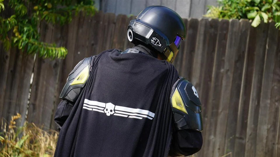Rear three-quarter detail view of the Helldivers B-01 armor test fit.