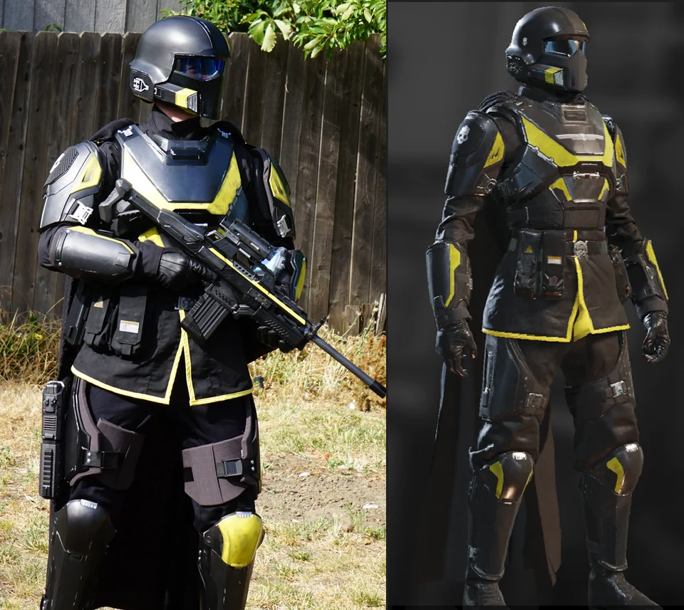Comparison image between Helldivers game reference and the completed B-01 armor build.