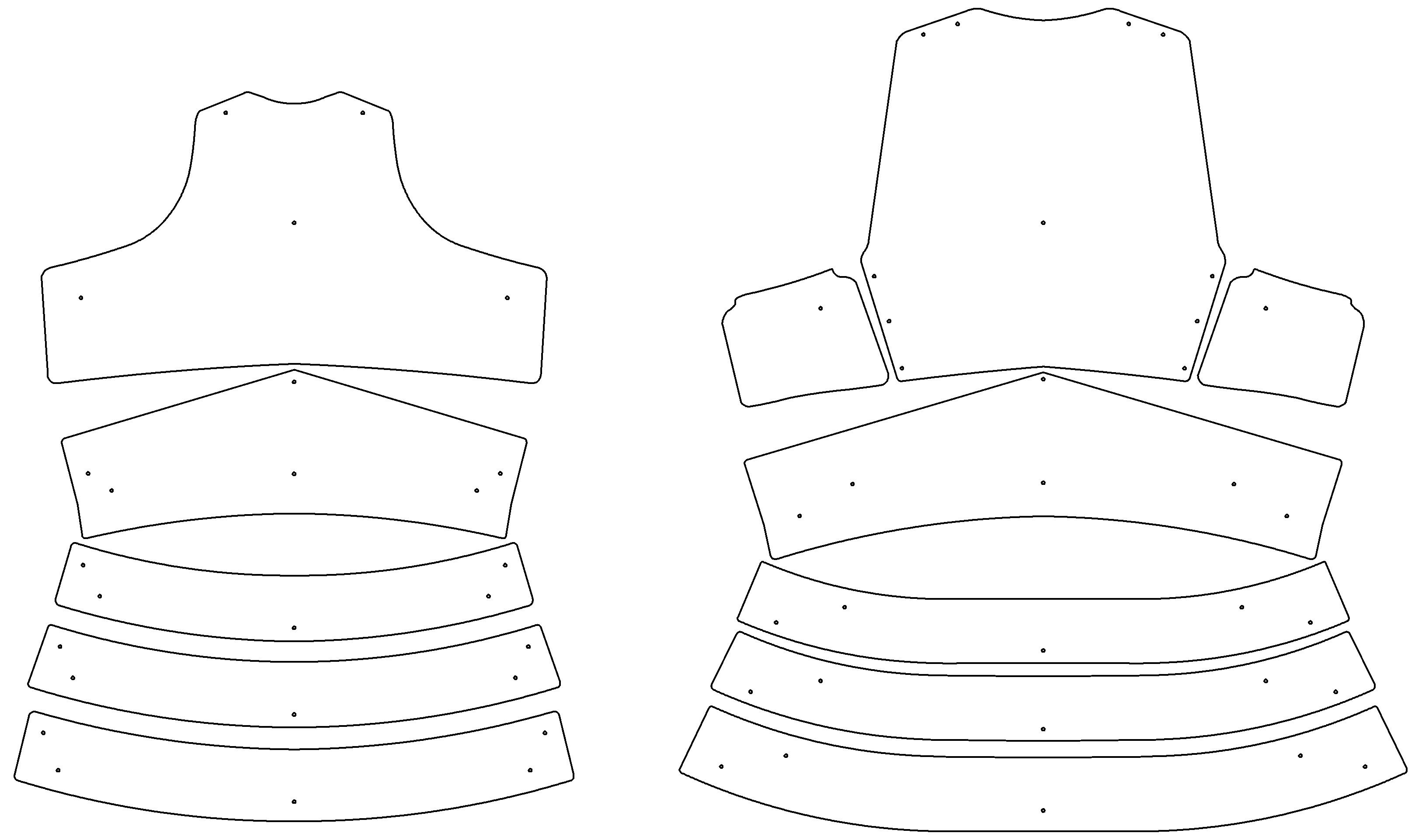 Cuirass plate layout photographed on a white background.