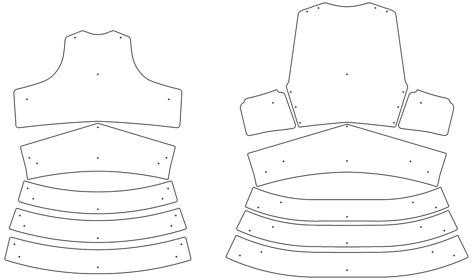 Cuirass plate layout photographed on a white background.