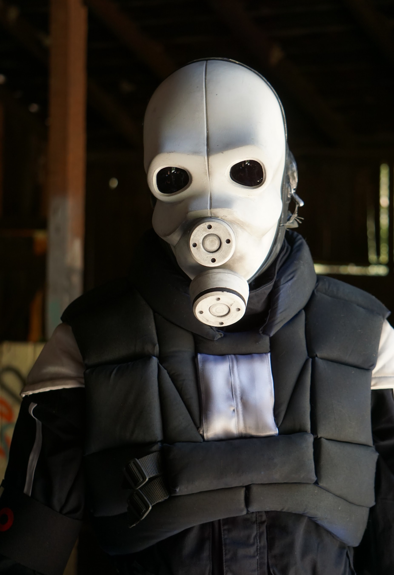 Close portrait of the Half-Life 2 Metrocop costume showing the helmet and chest armor.